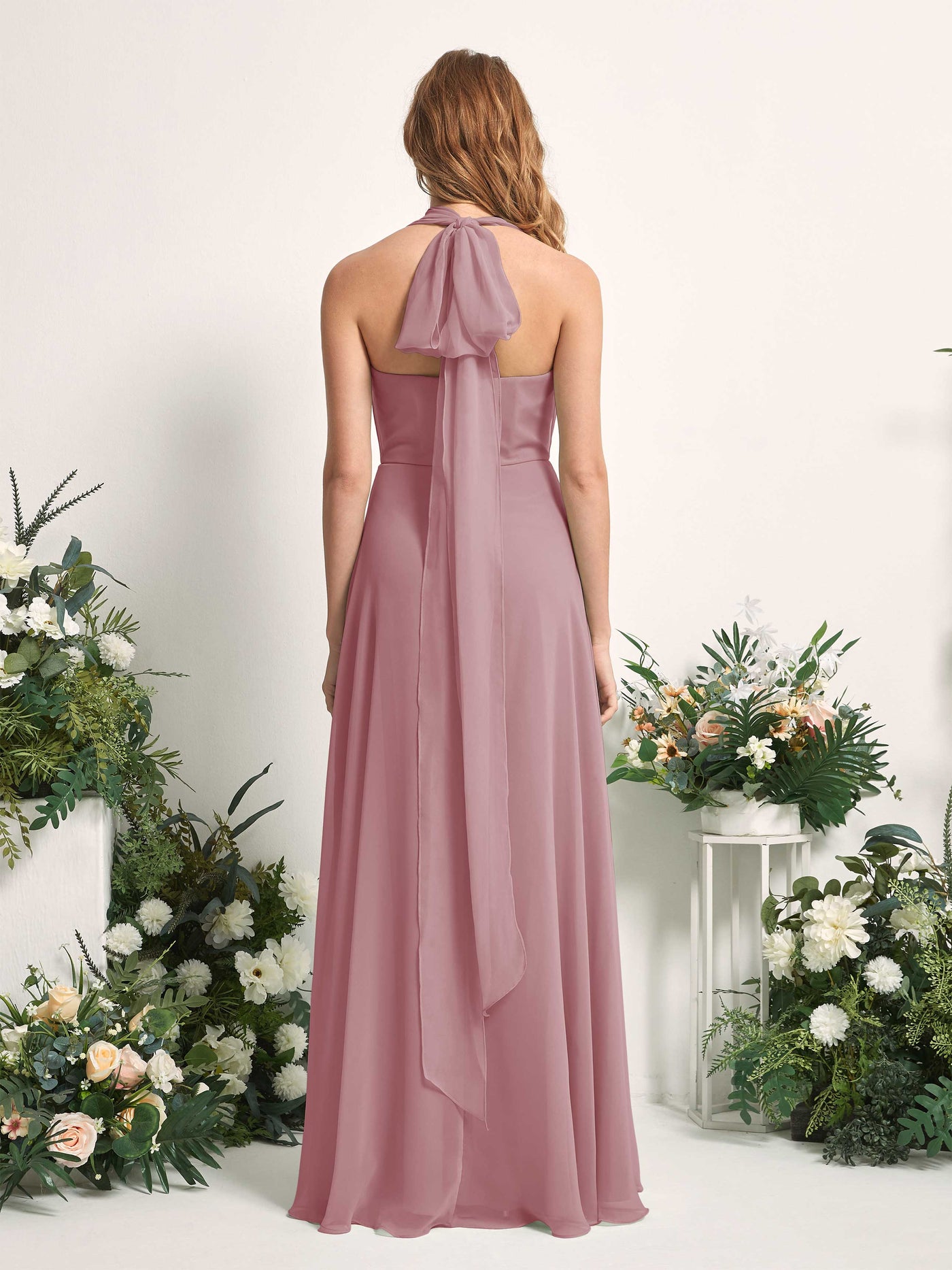 Vintage Mauve Bridesmaid Dresses Bridesmaid Dress A-line Chiffon Halter Full Length Short Sleeves Wedding Party Dress (81226301)#color_vintage-mauve