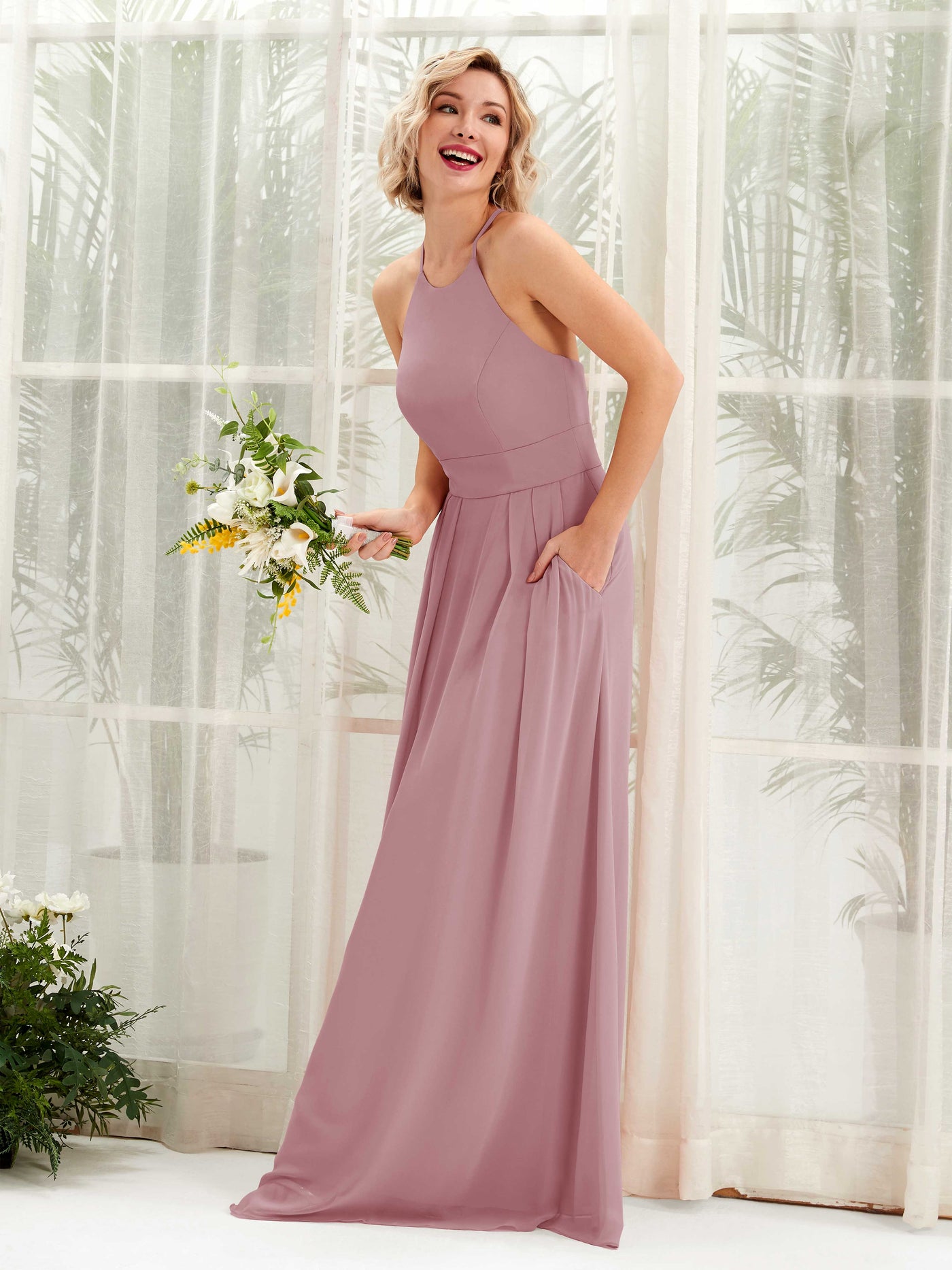 Coral Pink Chiffon Bridesmaid Dress A-Line Floor-Length | Carlyna Coral Pink Chiffon Bridesmaid Dress A-Line Floor-Length | Carlyna