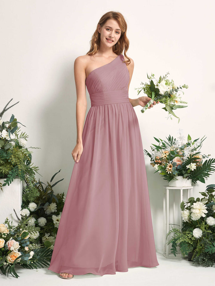 Bridesmaid Dress A-line Chiffon One Shoulder Full Length Sleeveless Wedding Party Dress - Vintage Mauve (81226701)