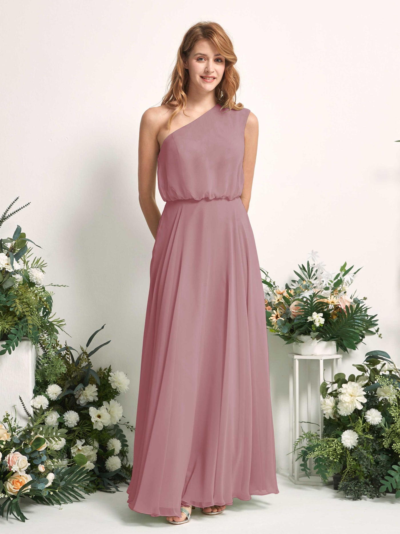 Bridesmaid Dress A-line Chiffon One Shoulder Full Length Sleeveless Wedding Party Dress - Vintage Mauve (81226801)#color_vintage-mauve