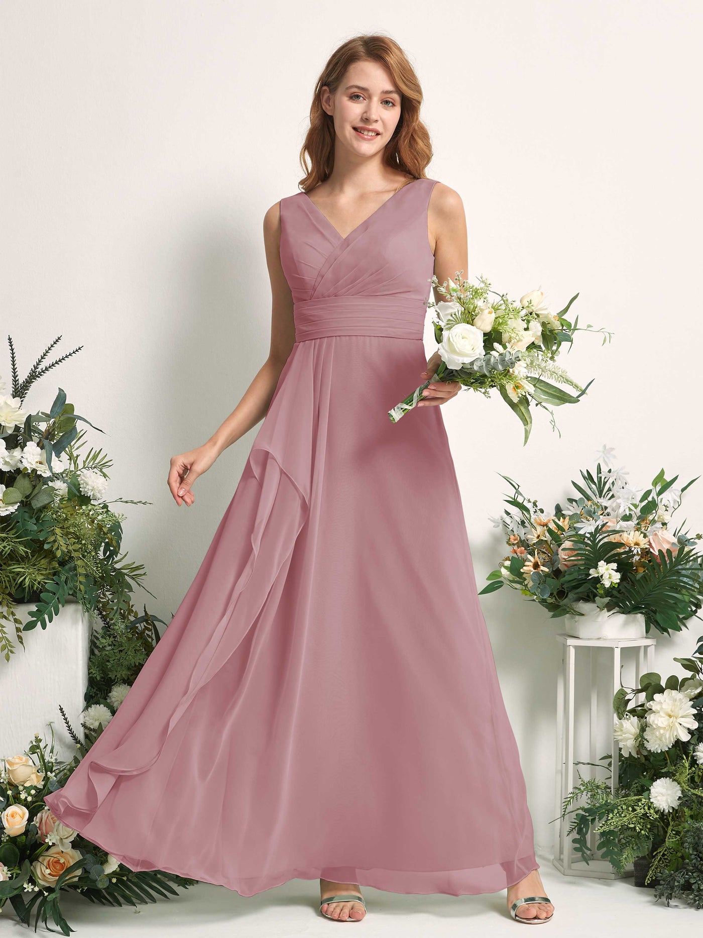 Bridesmaid Dress A-line Chiffon V-neck Full Length Sleeveless Wedding Party Dress - Vintage Mauve (81227101)#color_vintage-mauve