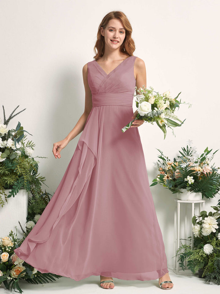 Bridesmaid Dress A-line Chiffon V-neck Full Length Sleeveless Wedding Party Dress - Vintage Mauve (81227101)