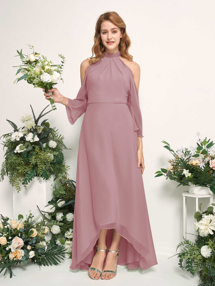 Bridesmaid Dress A-line Chiffon Halter High Low 3/4 Sleeves Wedding Party Dress - Vintage Mauve (81227601)