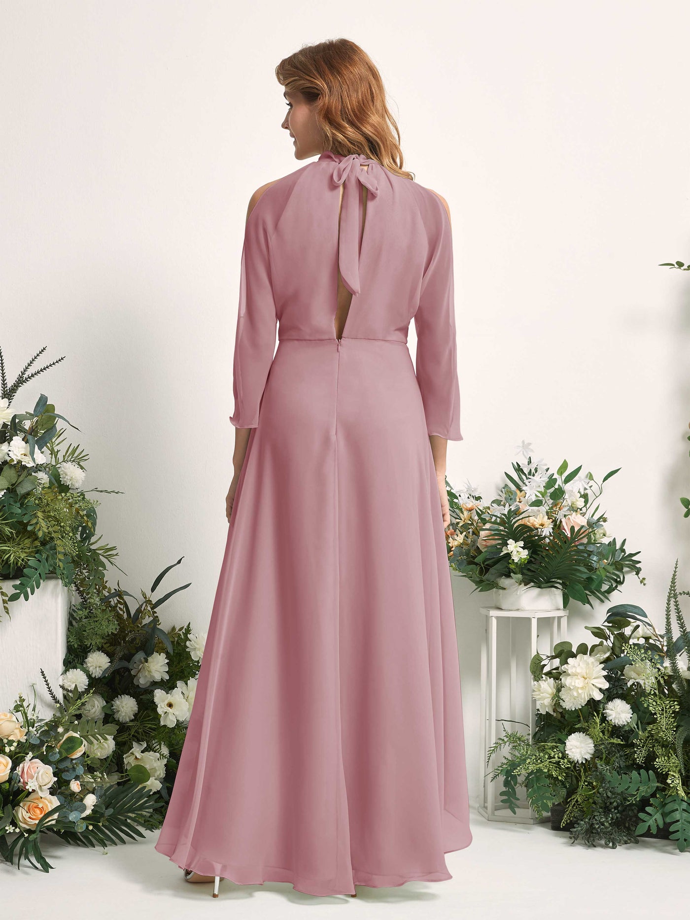 Bridesmaid Dress A-line Chiffon Halter High Low 3/4 Sleeves Wedding Party Dress - Vintage Mauve (81227601)#color_vintage-mauve