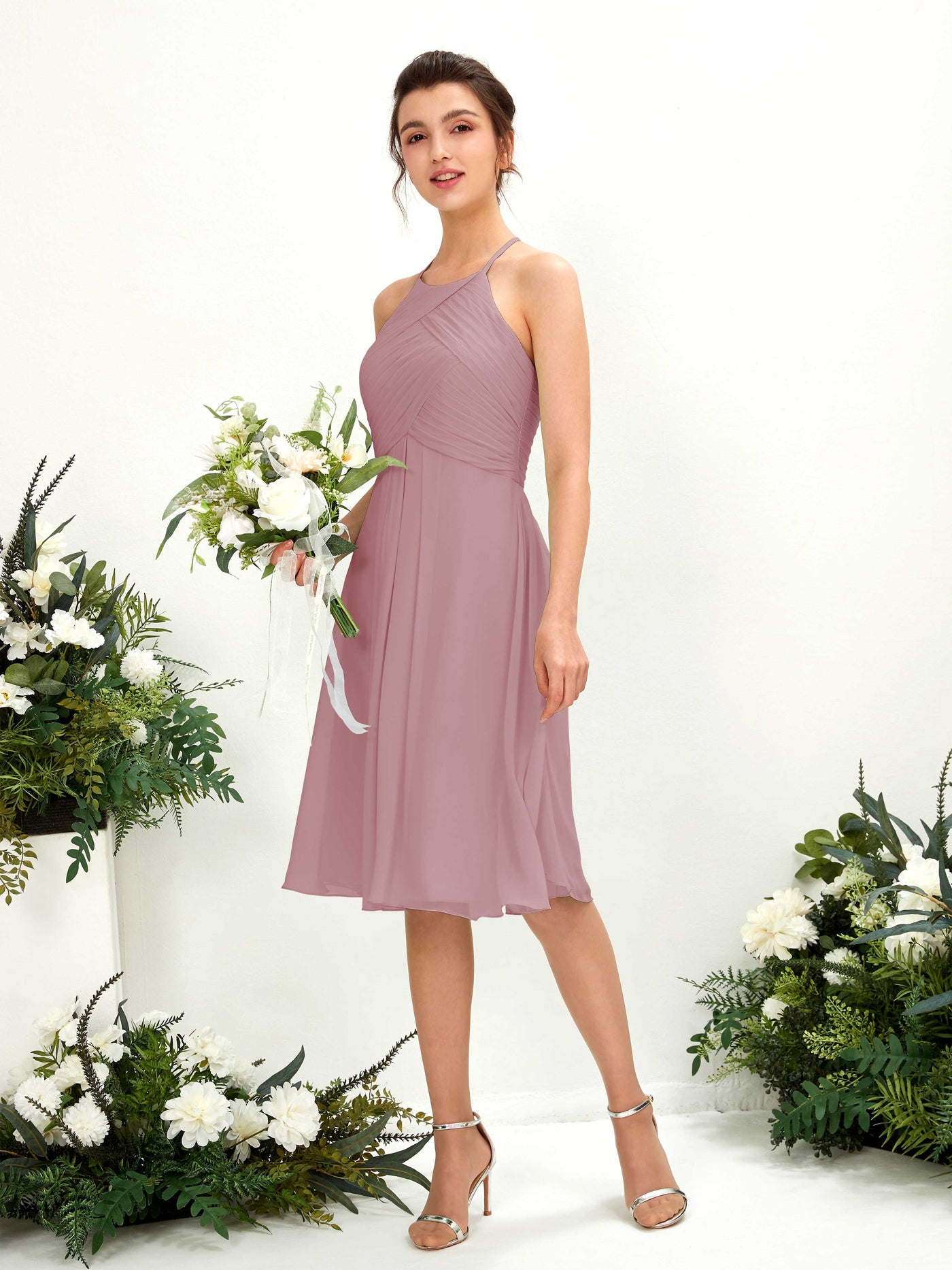 Vintage Mauve Bridesmaid Dresses Bridesmaid Dress A-line Chiffon Halter Knee Length Sleeveless Wedding Party Dress (81220401)#color_vintage-mauve