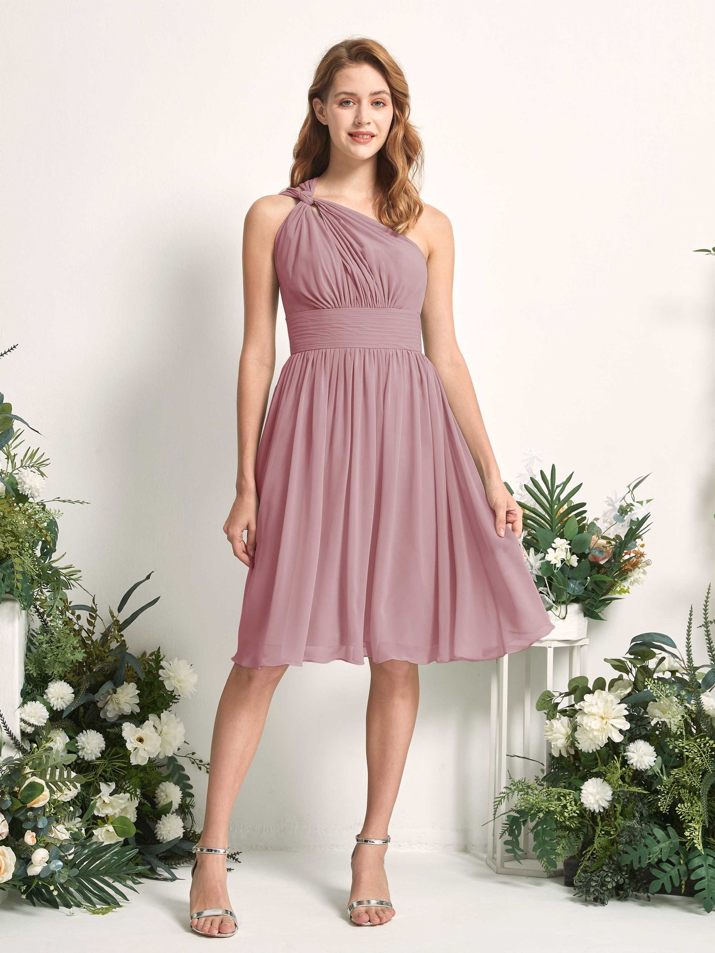 Bridesmaid Dress A-line Chiffon One Shoulder Knee Length Sleeveless Wedding Party Dress - Vintage Mauve (81221201)#color_vintage-mauve
