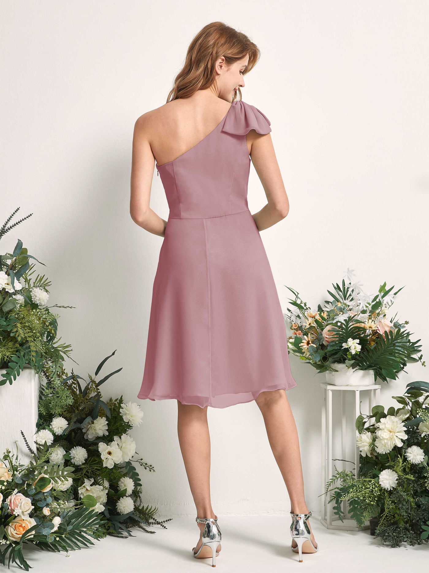 Bridesmaid Dress A-line Chiffon One Shoulder Knee Length Sleeveless Wedding Party Dress - Vintage Mauve (81227001)#color_vintage-mauve
