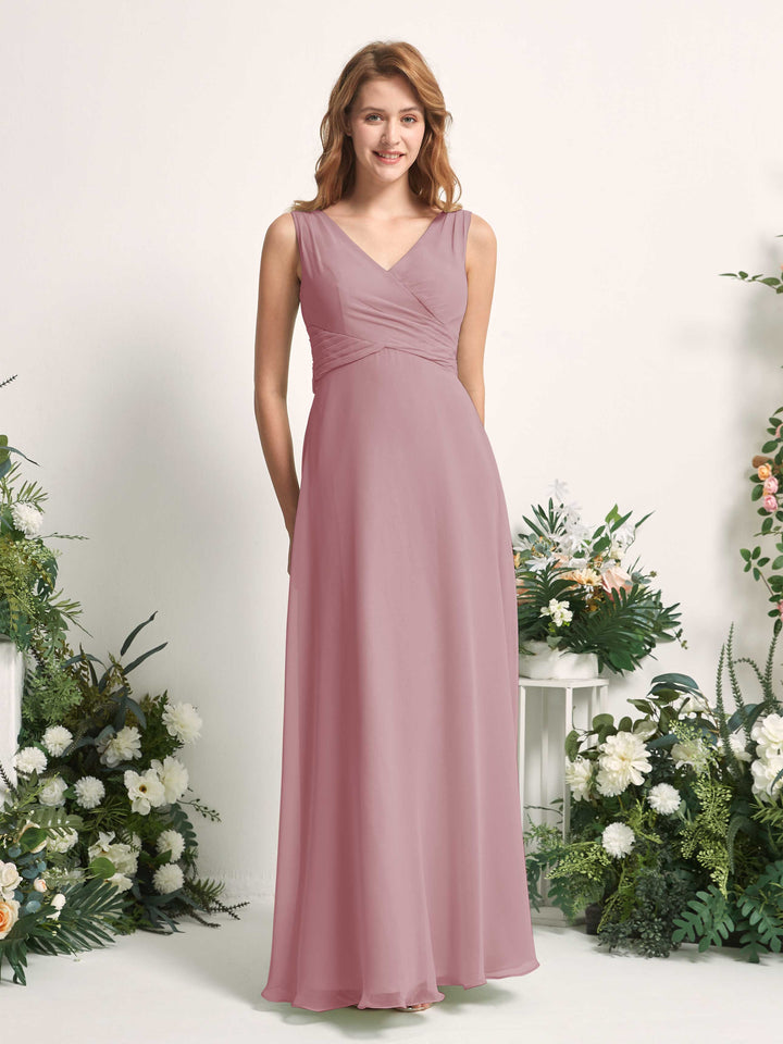 Bridesmaid Dress A-line Chiffon Straps Full Length Sleeveless Wedding Party Dress - Vintage Mauve (81227301)