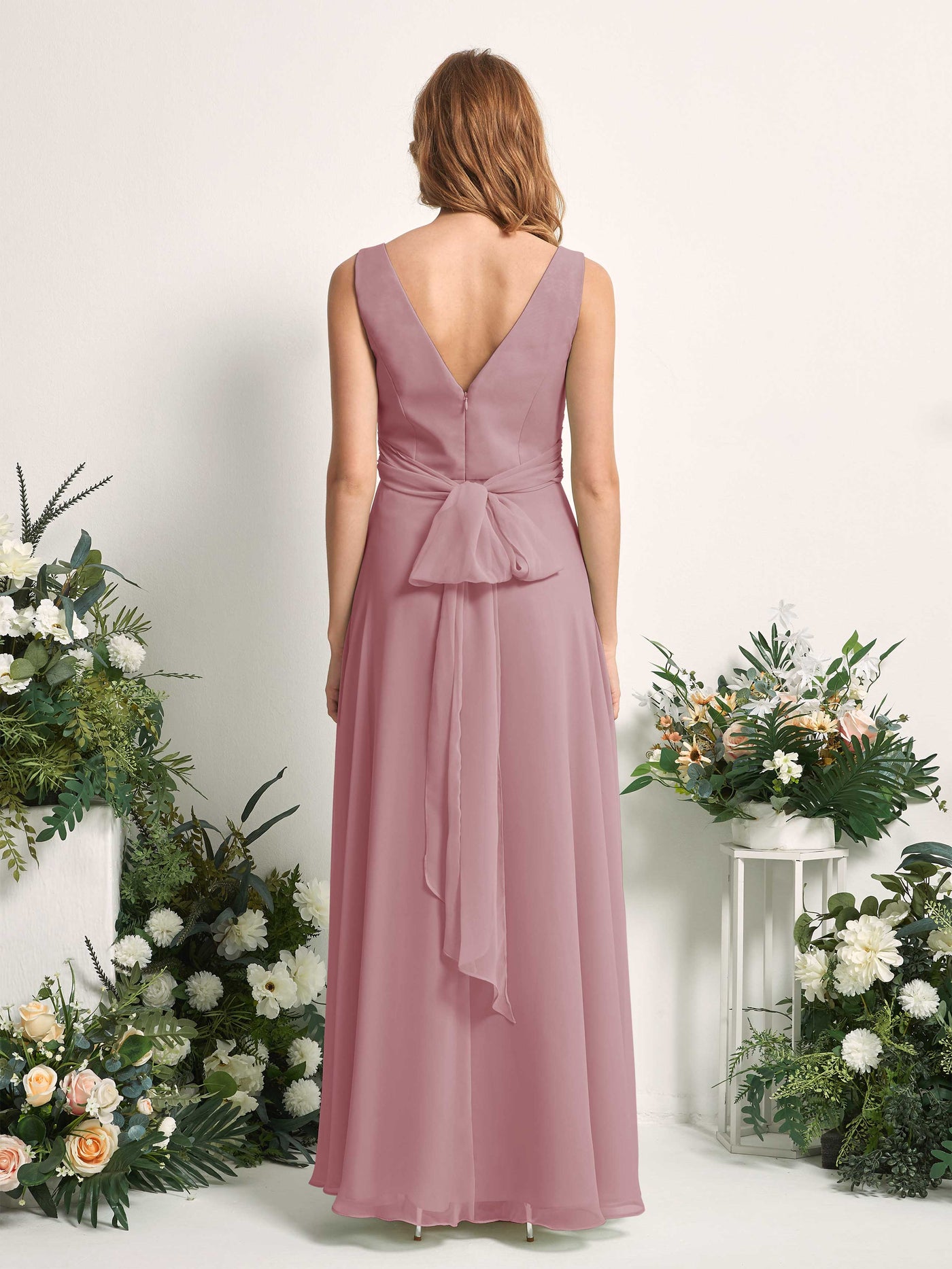 Bridesmaid Dress A-line Chiffon Straps Full Length Sleeveless Wedding Party Dress - Vintage Mauve (81227301)#color_vintage-mauve