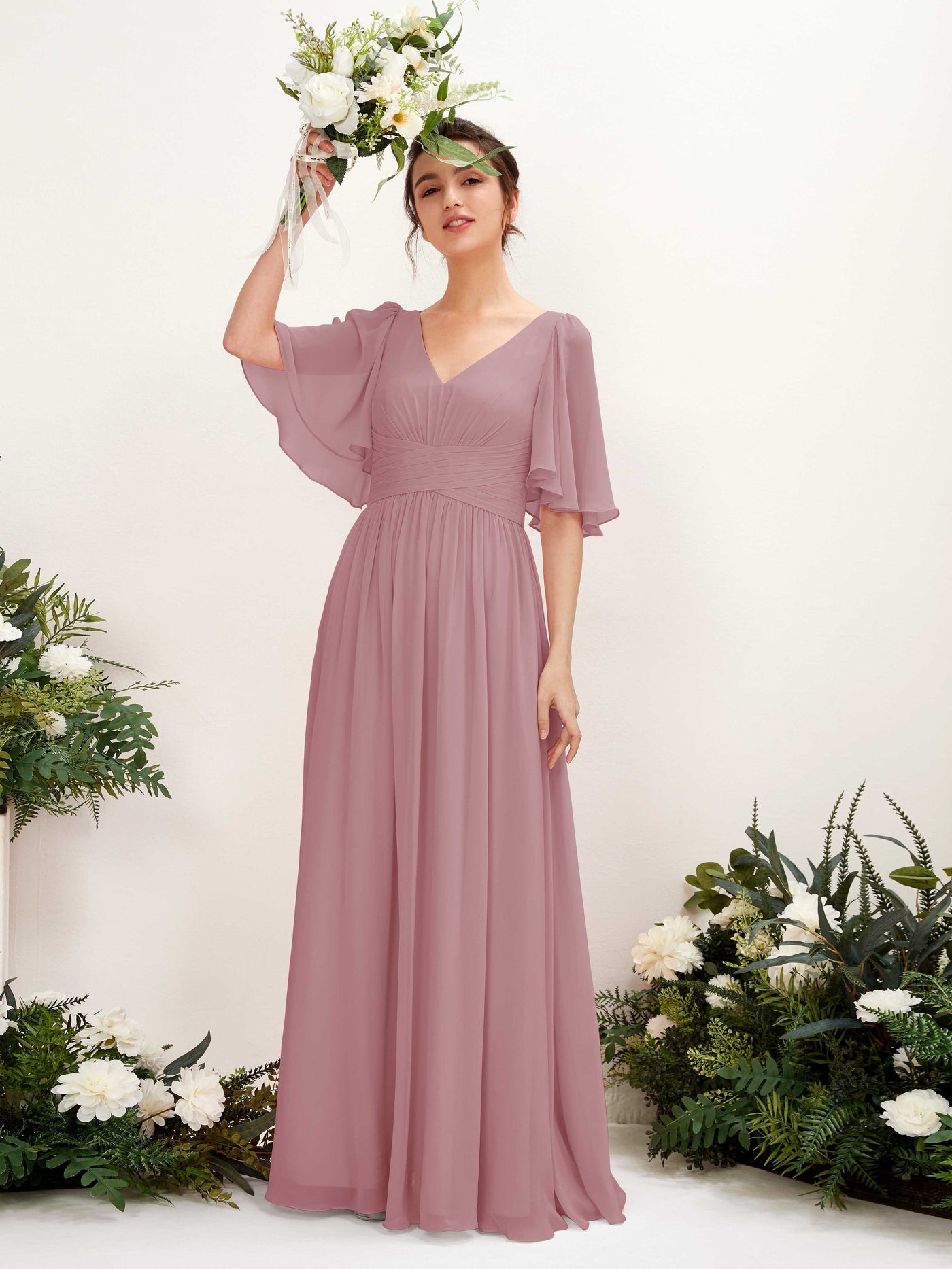 Vintage Mauve Bridesmaid Dresses Bridesmaid Dress A-line Chiffon V-neck Full Length 1/2 Sleeves Wedding Party Dress (81221601)#color_vintage-mauve