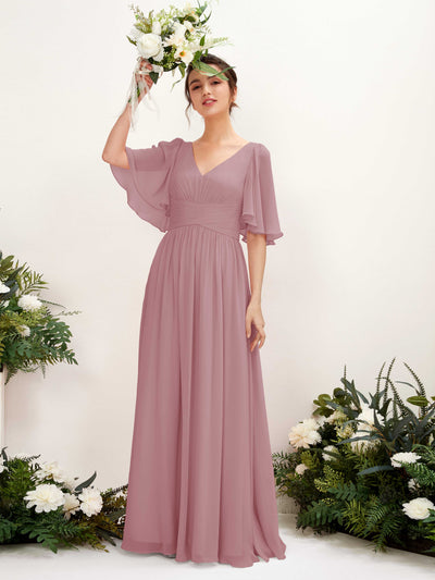 Carlyna Odette A-Line Vintage Mauve Bridesmaid Dress Maxi Short Sleeve V-Neck Dress Front View #color_vintage-mauve