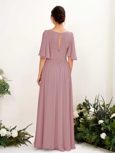 Carlyna Odette A-Line Vintage Mauve Bridesmaid Dress Maxi Short Sleeve V-Neck Dress Back View #color_vintage-mauve