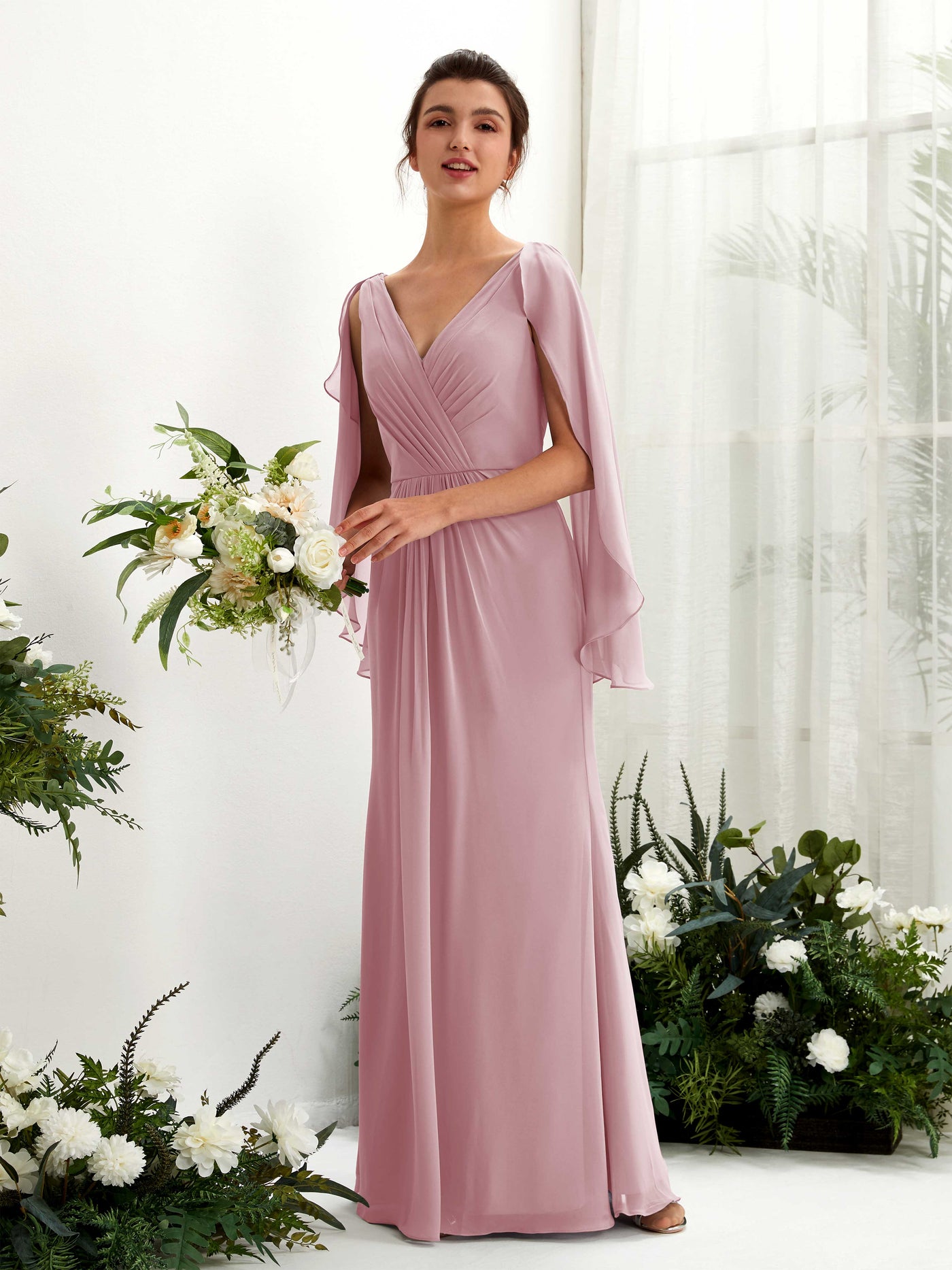 Vintage Mauve Bridesmaid Dresses Bridesmaid Dress A-line Chiffon Straps Full Length Long Sleeves Wedding Party Dress (80220101)#color_vintage-mauve