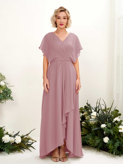 Carlyna Soleil A-Line Vintage Mauve Bridesmaid Dress Maxi Short Sleeve V-Neck Dress Front View #color_vintage-mauve