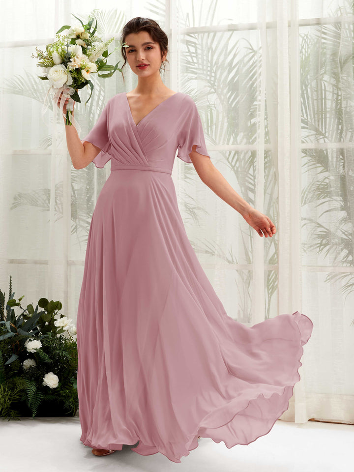Vintage Mauve Bridesmaid Dresses Bridesmaid Dress A-line Chiffon V-neck Full Length Short Sleeves Wedding Party Dress (81224601)