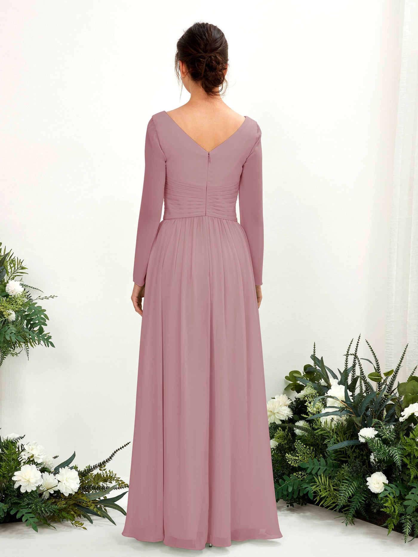 Vintage Mauve Bridesmaid Dresses Bridesmaid Dress A-line Chiffon V-neck Full Length Long Sleeves Wedding Party Dress (81220301)#color_vintage-mauve