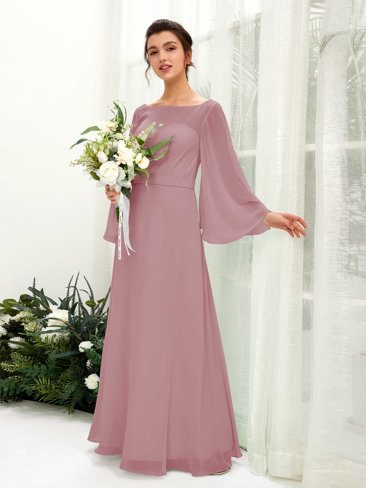 Dusty Rose Chiffon Bridesmaid Dress A-Line Maxi Long Sleeve