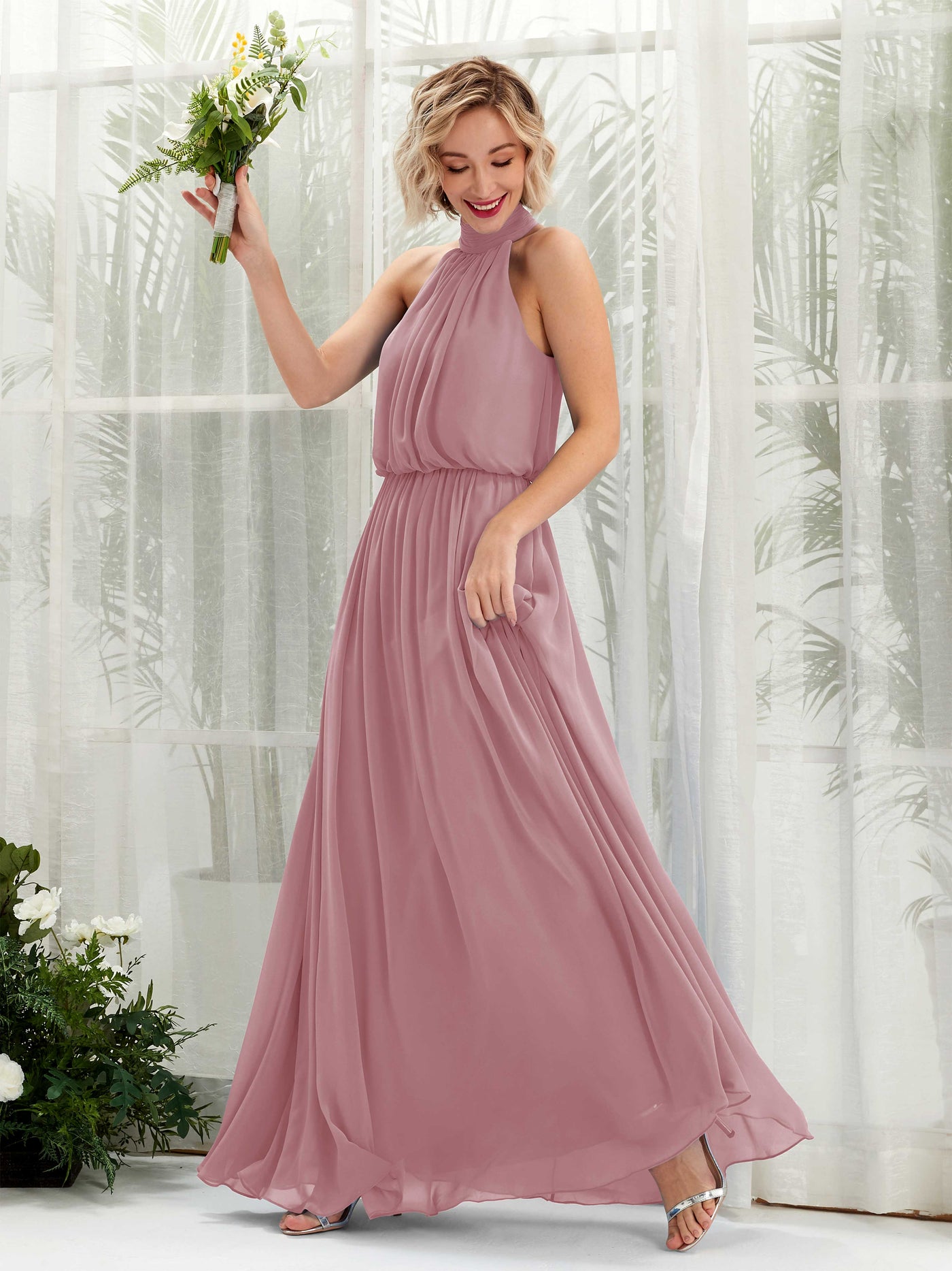 Vintage Mauve Bridesmaid Dresses Bridesmaid Dress A-line Chiffon Halter Full Length Sleeveless Wedding Party Dress (81222901)#color_vintage-mauve
