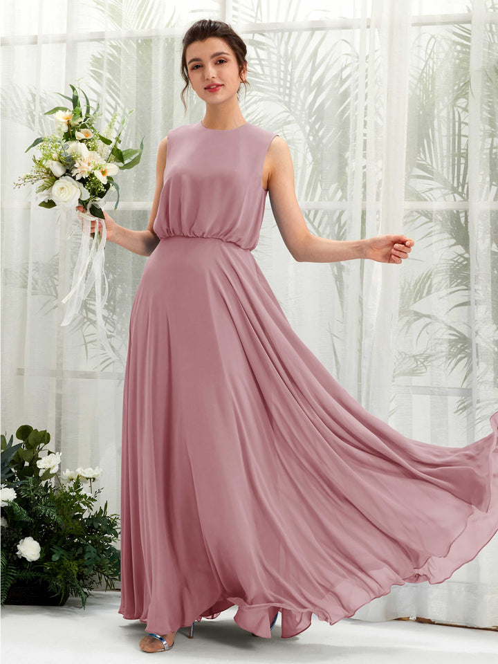 Vintage Mauve Bridesmaid Dresses Bridesmaid Dress A-line Chiffon Round Full Length Sleeveless Wedding Party Dress (81222801)
