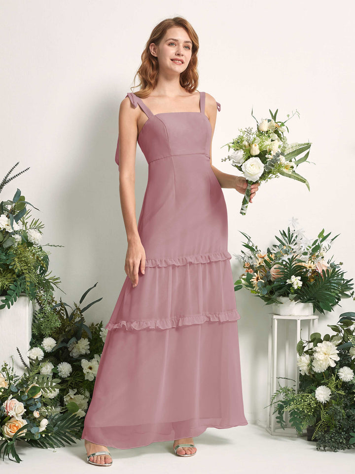 Bridesmaid Dress Chiffon Straps Full Length Sleeveless Wedding Party Dress - Vintage Mauve (81227501)