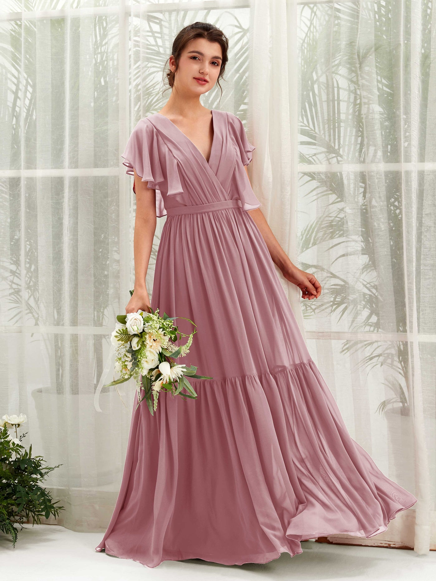 Vintage Mauve Bridesmaid Dresses Bridesmaid Dress A-line Chiffon V-neck Full Length Short Sleeves Wedding Party Dress (81225901)#color_vintage-mauve
