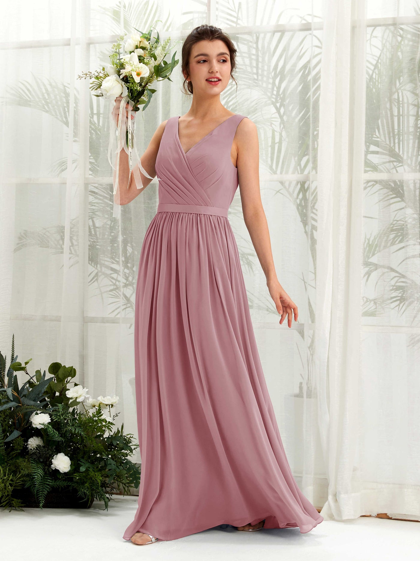 Vintage Mauve Bridesmaid Dresses Bridesmaid Dress A-line Chiffon V-neck Full Length Sleeveless Wedding Party Dress (81223601)#color_vintage-mauve