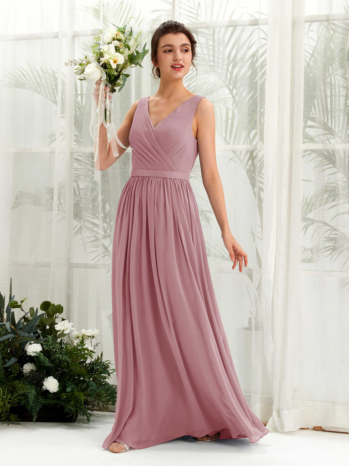 Vintage Mauve Bridesmaid Dresses Bridesmaid Dress A-line Chiffon V-neck Full Length Sleeveless Wedding Party Dress (81223601)