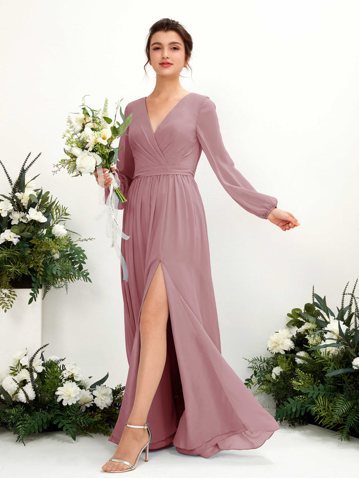 Vintage Mauve Bridesmaid Dresses Bridesmaid Dress A-line Chiffon V-neck Full Length Long Sleeves Wedding Party Dress (81223801)