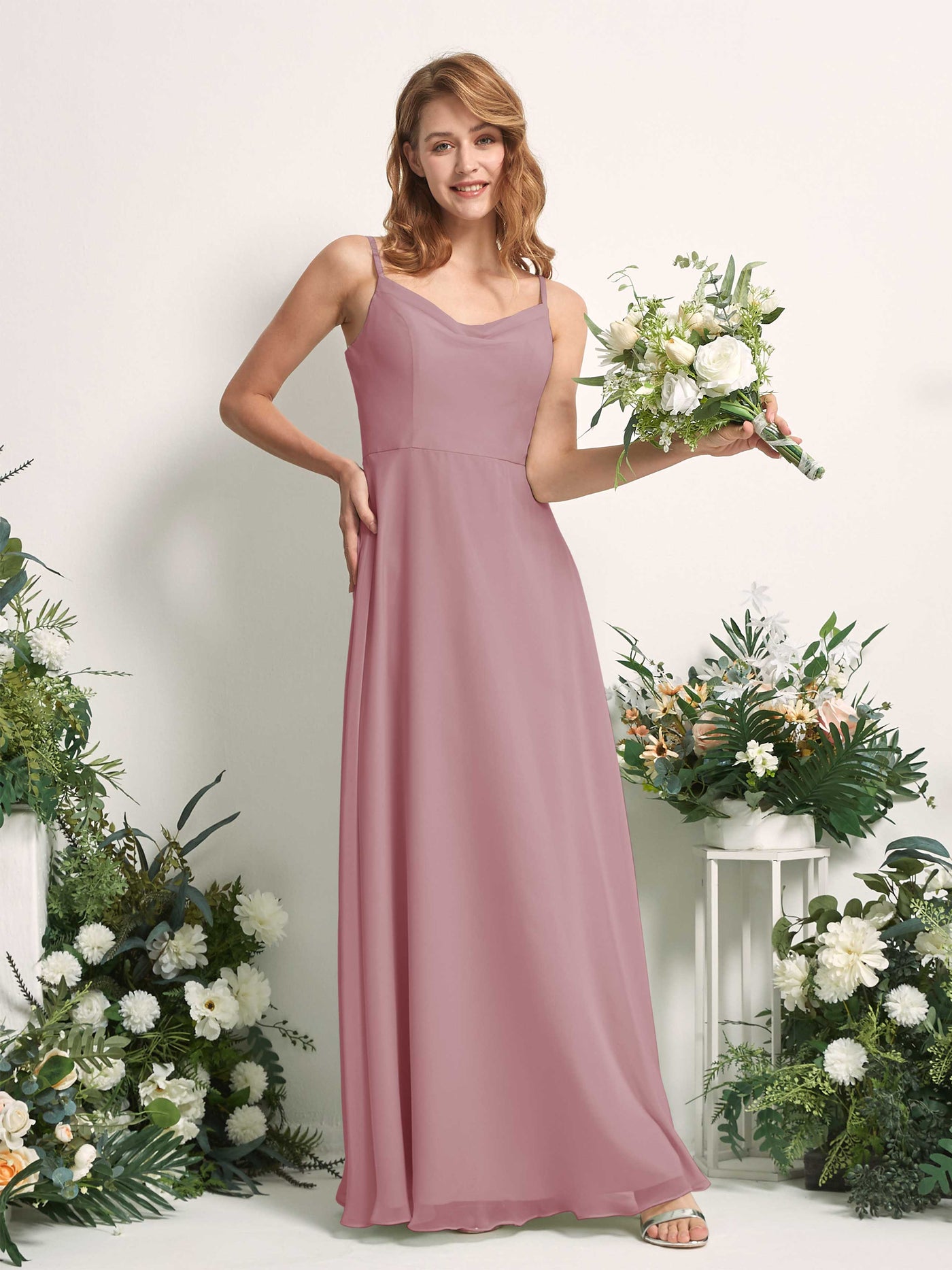 Bridesmaid Dress A-line Chiffon Spaghetti-straps Full Length Sleeveless Wedding Party Dress - Vintage Mauve (81227201)#color_vintage-mauve