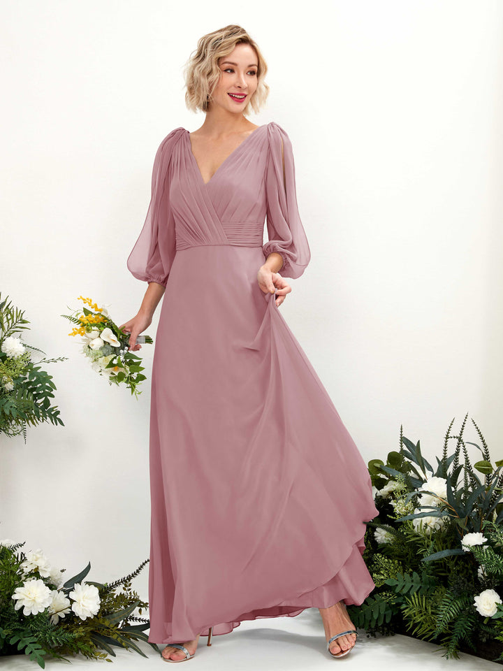 Desert Rose Chiffon V-Neck Bridesmaid Dress A-Line Floor-Length
