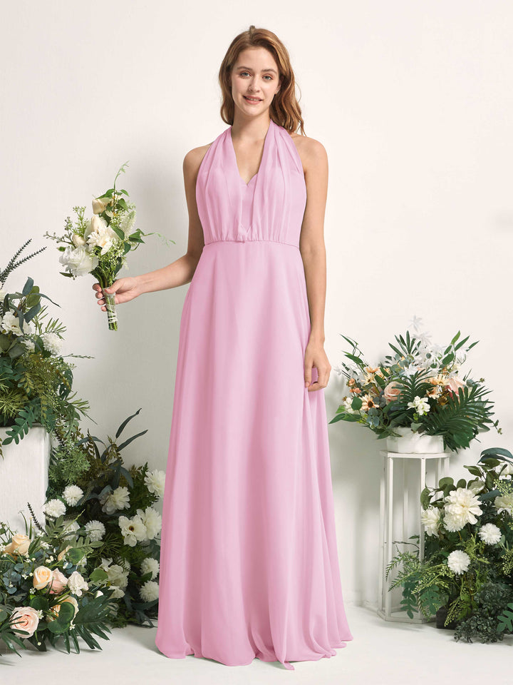 Candy Pink Bridesmaid Dresses Bridesmaid Dress A-line Chiffon Halter Full Length Short Sleeves Wedding Party Dress (81226339)