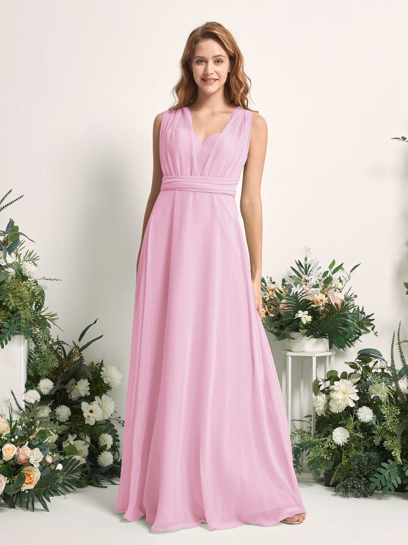Candy Pink Bridesmaid Dresses Bridesmaid Dress A-line Chiffon Halter Full Length Short Sleeves Wedding Party Dress (81226339)#color_candy-pink
