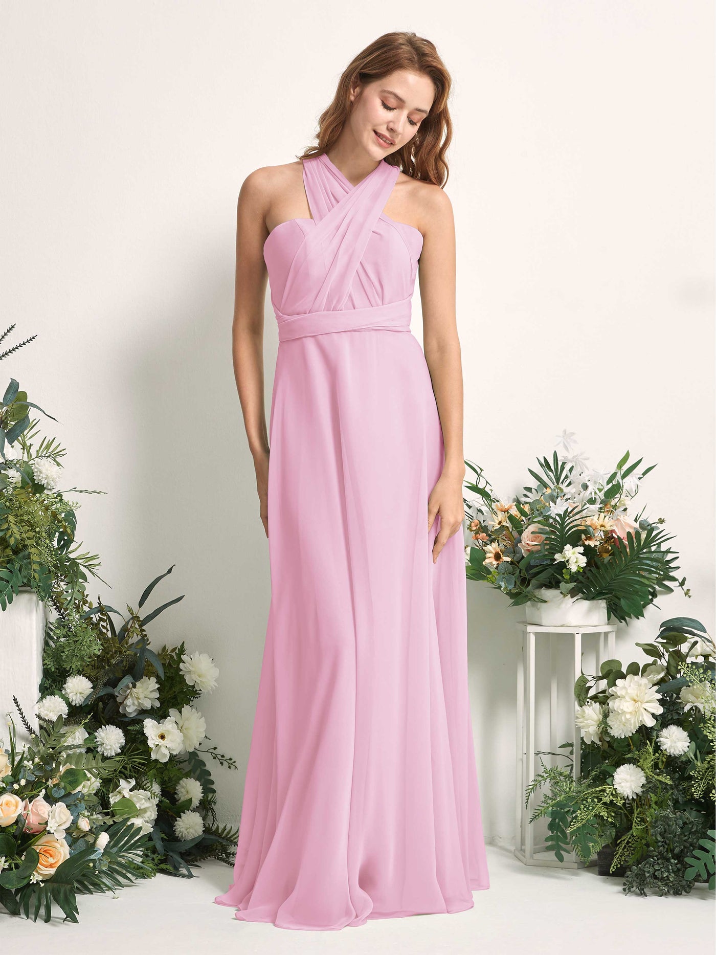 Candy Pink Bridesmaid Dresses Bridesmaid Dress A-line Chiffon Halter Full Length Short Sleeves Wedding Party Dress (81226339)#color_candy-pink