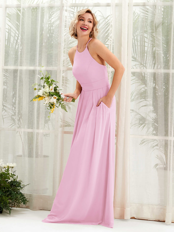 Candy Pink Bridesmaid Dresses Bridesmaid Dress A-line Chiffon Halter Full Length Sleeveless Wedding Party Dress (81225239)