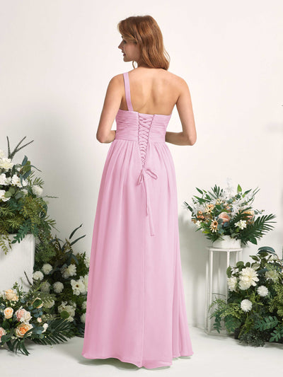 Carlyna Pandora A-Line Candy Pink Bridesmaid Dress Maxi Sleeveless One Shoulder Dress Back View #color_candy-pink