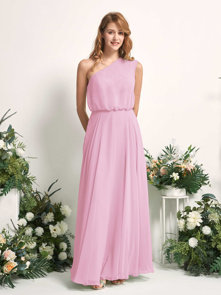 Bridesmaid Dress A-line Chiffon One Shoulder Full Length Sleeveless Wedding Party Dress - Candy Pink (81226839)
