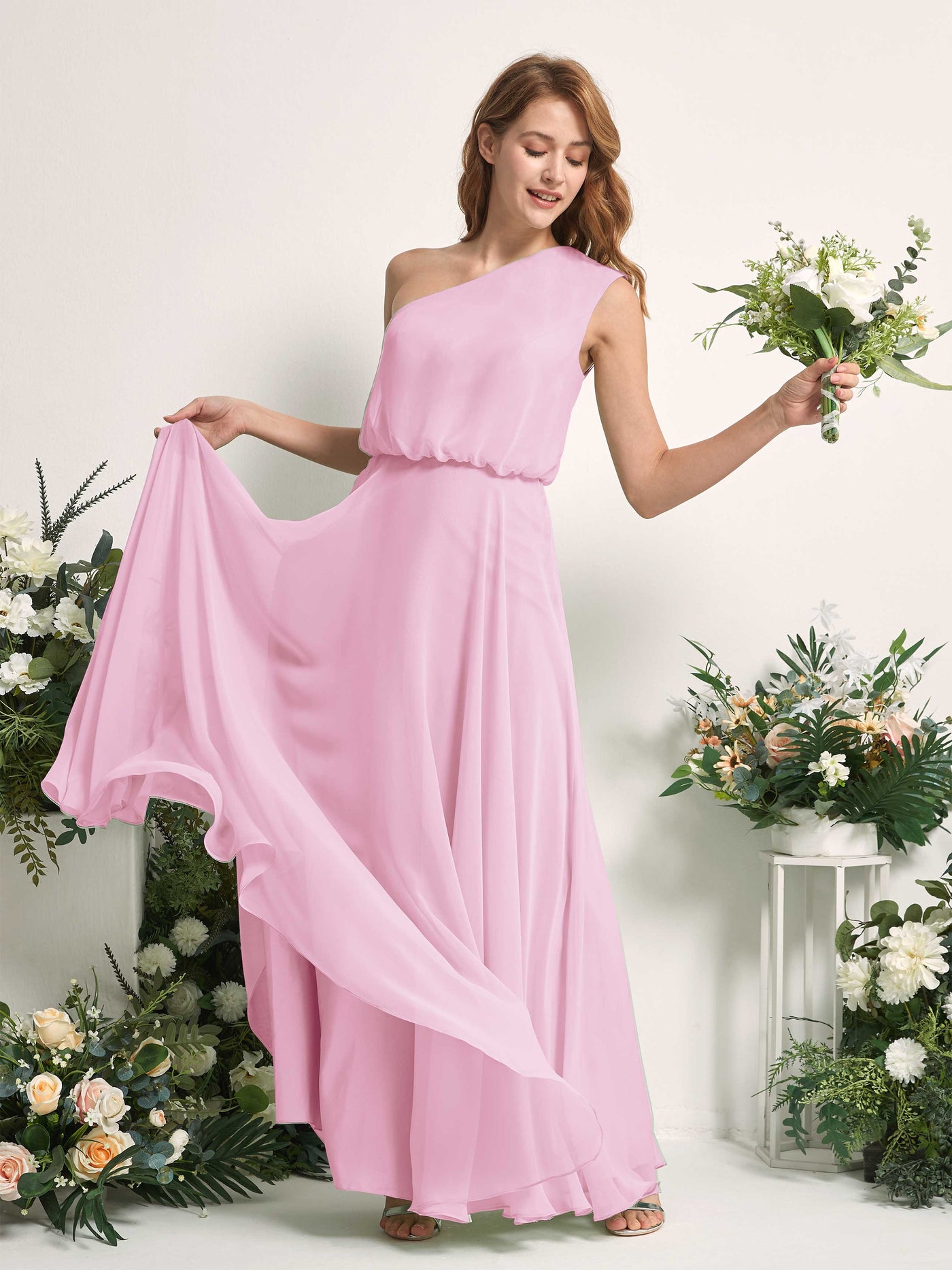 Bridesmaid Dress A-line Chiffon One Shoulder Full Length Sleeveless Wedding Party Dress - Candy Pink (81226839)#color_candy-pink