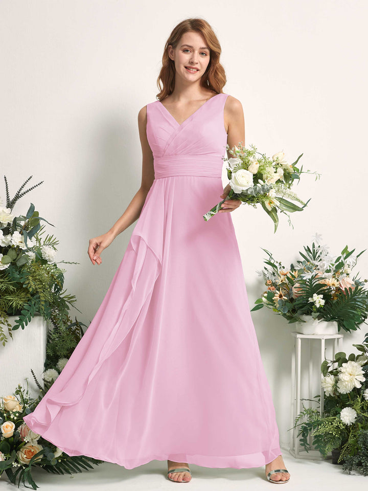 Bridesmaid Dress A-line Chiffon V-neck Full Length Sleeveless Wedding Party Dress - Candy Pink (81227139)