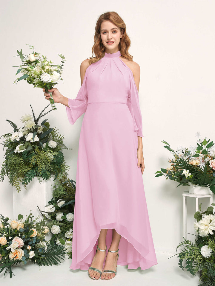 Bridesmaid Dress A-line Chiffon Halter High Low 3/4 Sleeves Wedding Party Dress - Candy Pink (81227639)