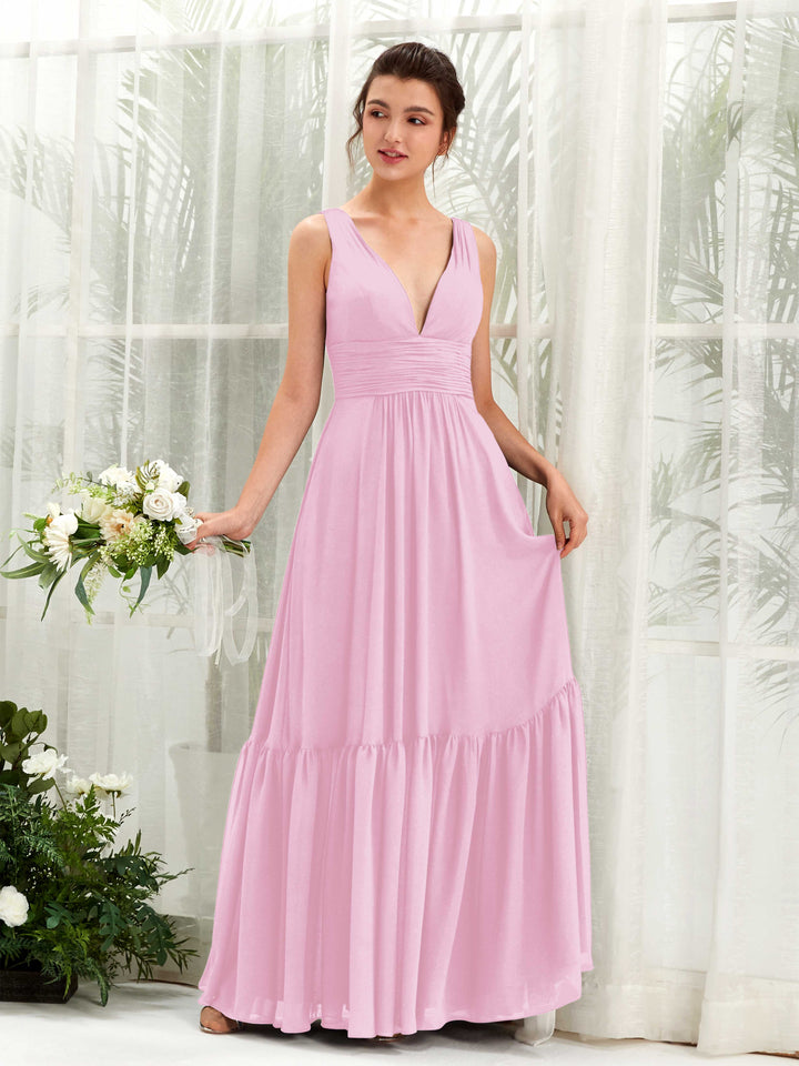 Candy Pink Bridesmaid Dresses Bridesmaid Dress A-line Chiffon Straps Full Length Sleeveless Wedding Party Dress (80223739)
