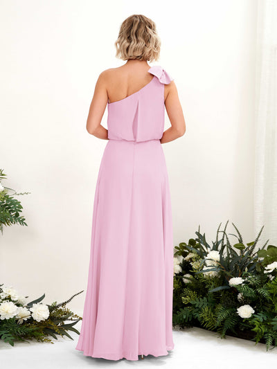 Carlyna Laurel A-Line Candy Pink Bridesmaid Dress Maxi Sleeveless One Shoulder Dress Back View #color_candy-pink