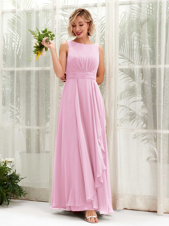 Candy Pink Bridesmaid Dresses Bridesmaid Dress A-line Chiffon Bateau Full Length Sleeveless Wedding Party Dress (81225839)