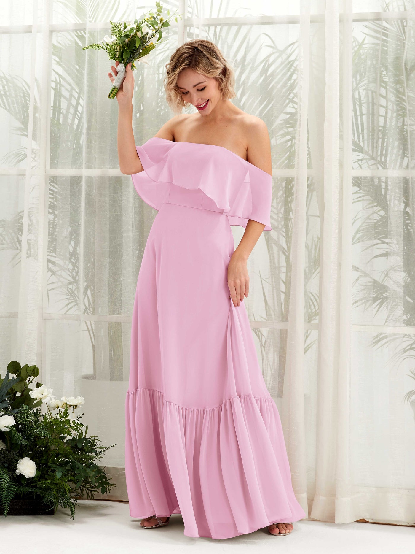 Candy Pink Bridesmaid Dresses Bridesmaid Dress A-line Chiffon Off Shoulder Full Length Sleeveless Wedding Party Dress (81224539)#color_candy-pink