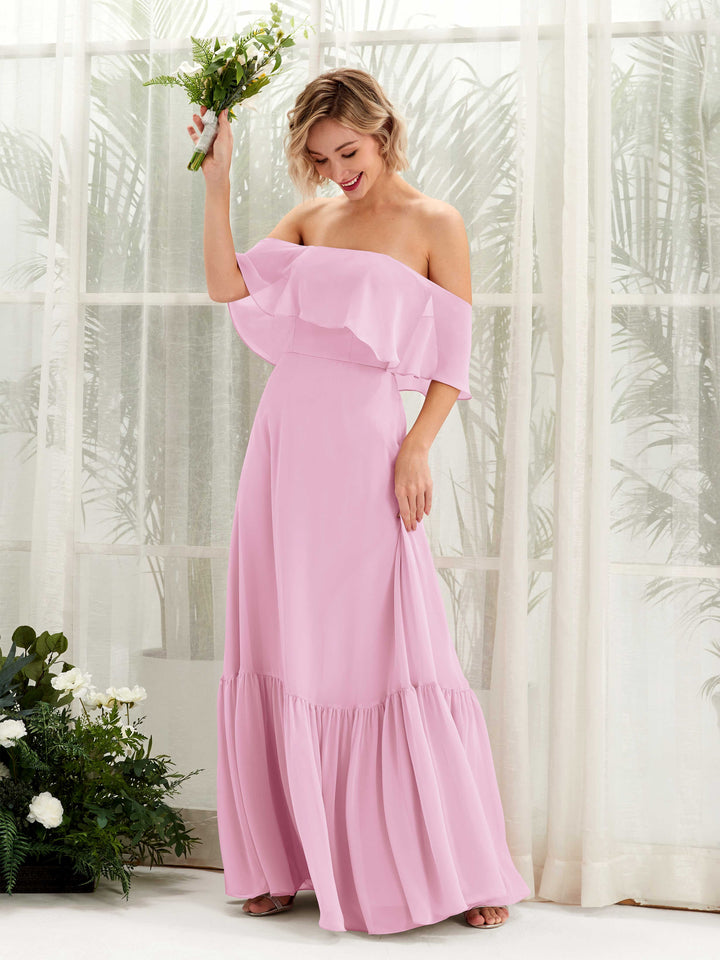 Candy Pink Bridesmaid Dresses Bridesmaid Dress A-line Chiffon Off Shoulder Full Length Sleeveless Wedding Party Dress (81224539)