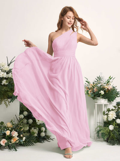 Carlyna Evelyn A-Line Candy Pink Bridesmaid Dress Maxi Sleeveless One Shoulder Dress Side View 2 #color_candy-pink