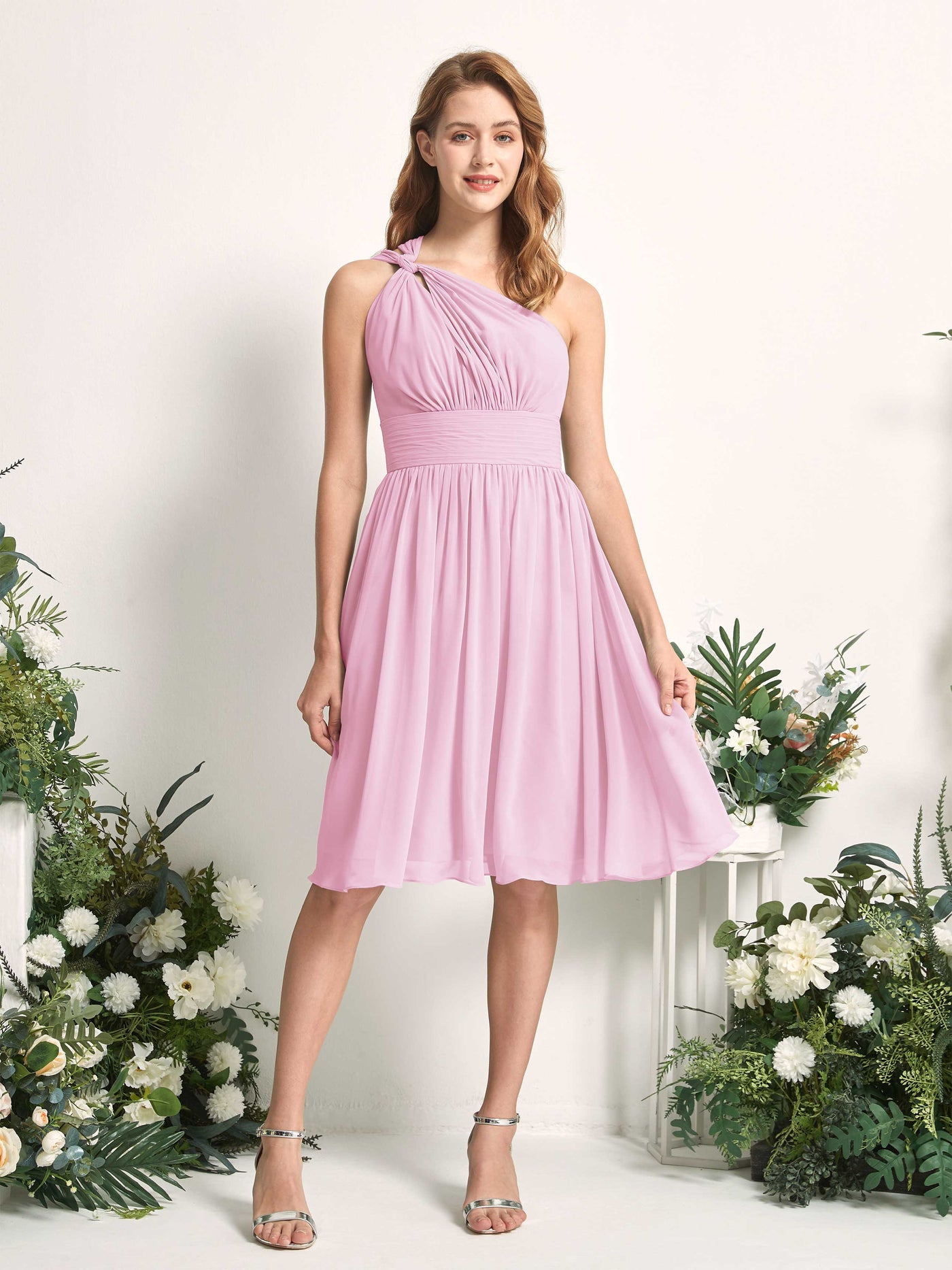 Bridesmaid Dress A-line Chiffon One Shoulder Knee Length Sleeveless Wedding Party Dress - Candy Pink (81221239)#color_candy-pink
