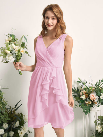 Carlyna Alisha A-Line Candy Pink Bridesmaid Dress Knee-Length Sleeveless V-Neck Dress Side View 2 #color_candy-pink