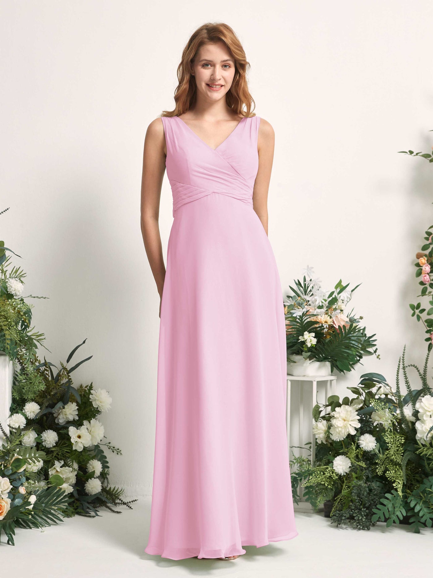 Bridesmaid Dress A-line Chiffon Straps Full Length Sleeveless Wedding Party Dress - Candy Pink (81227339)#color_candy-pink