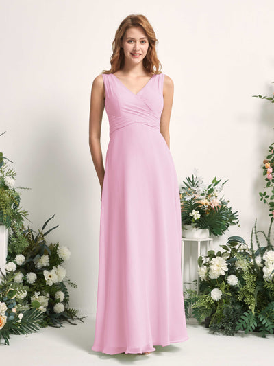 Carlyna June A-Line Candy Pink Bridesmaid Dress Maxi Sleeveless V-Neck Dress Front View #color_candy-pink