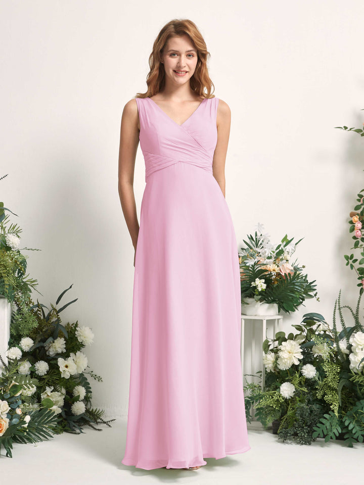 Bridesmaid Dress A-line Chiffon Straps Full Length Sleeveless Wedding Party Dress - Candy Pink (81227339)